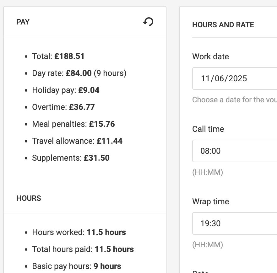 Rates calculator screen